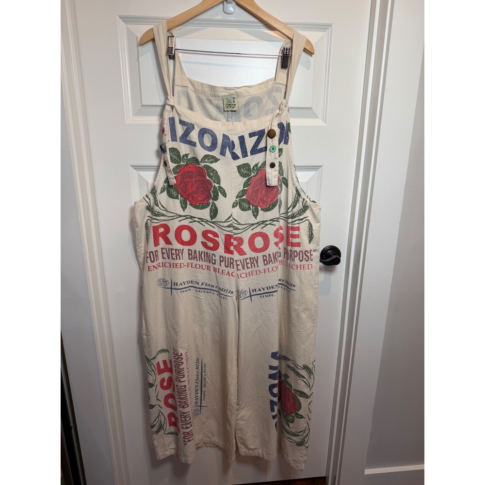 Jaded Gypsy Rose Overall Flour Sack Print Cotton Wide Leg Jumpsuit L/XL Cream